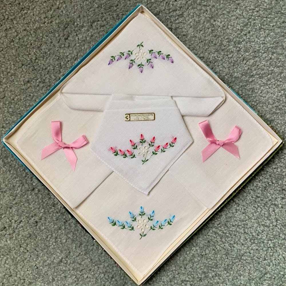 Set of 3 Vintage Irish Embroidered Handkerchiefs in Gift Box